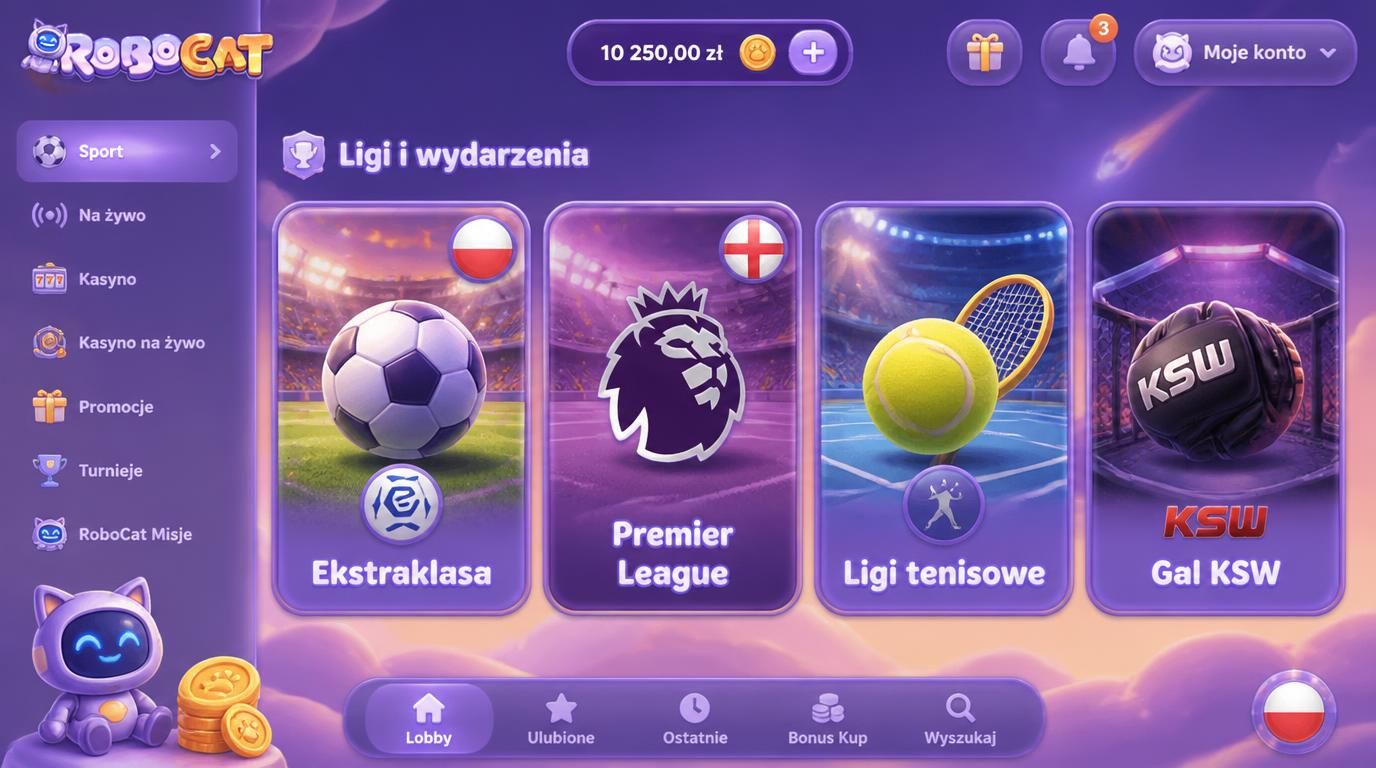 Interfejs kasyna z ofertą lig z Polski i świata
