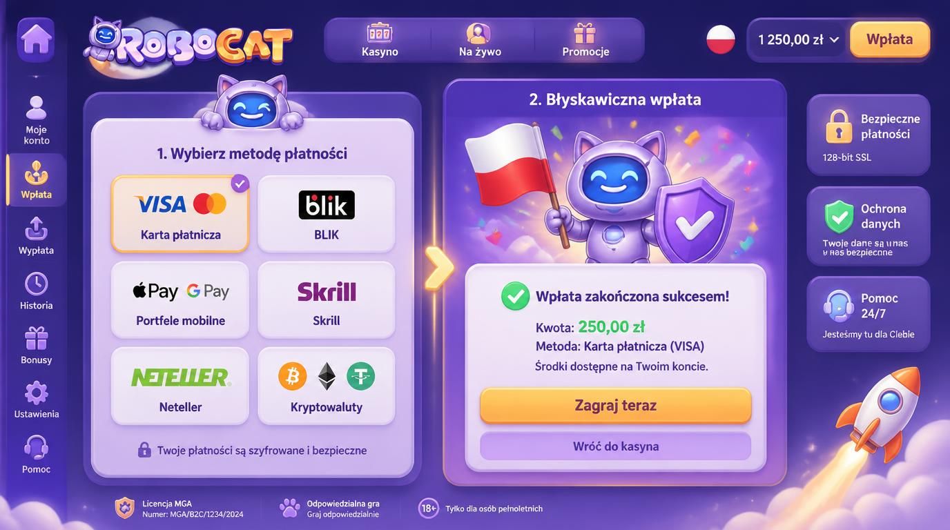 ekran kasyna RoboCat pokazujący różne metody płatności dostępne dla graczy z Polski
