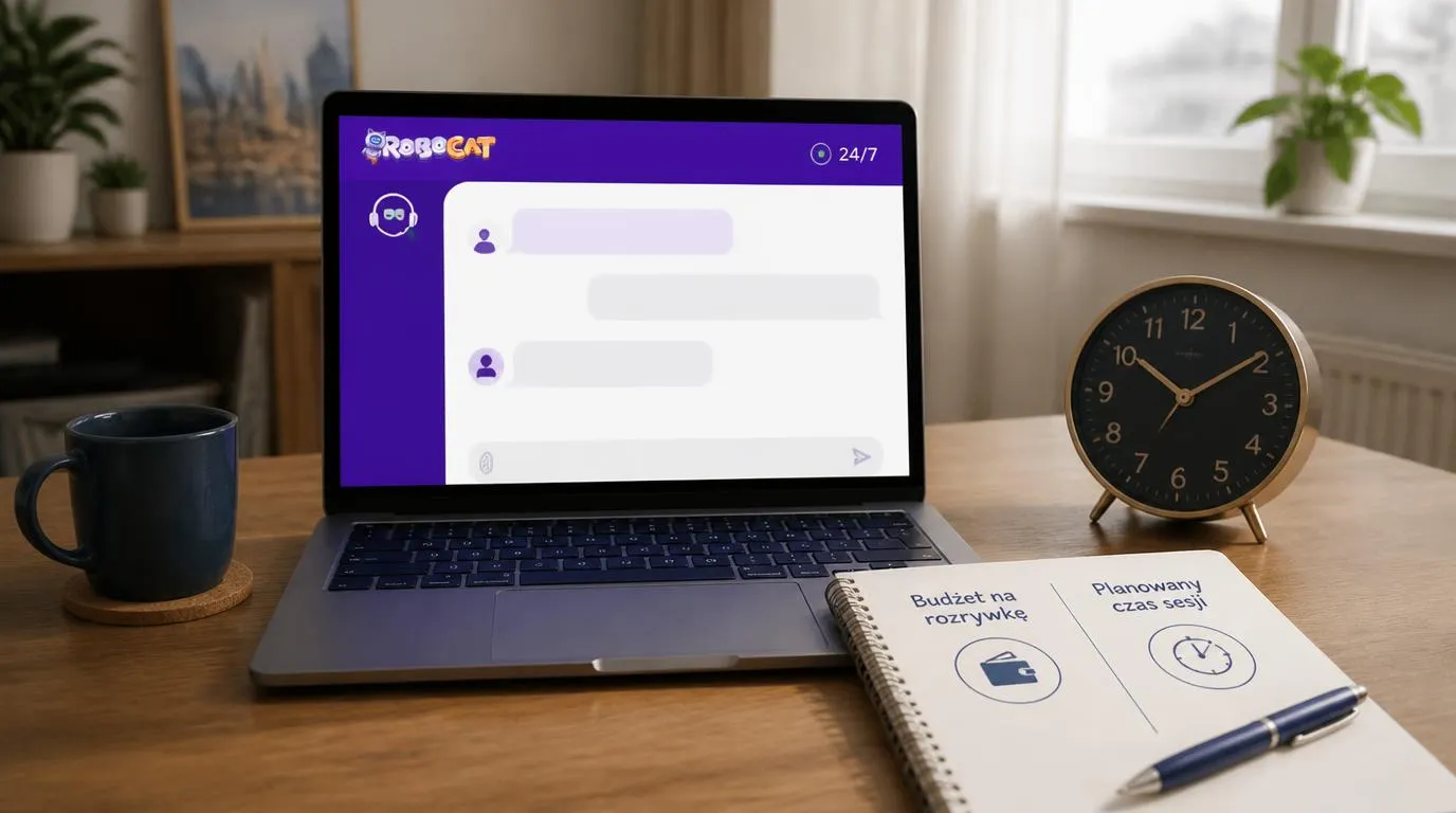 Laptop z oknem czatu dostępnym 24/7, zegar i notes z planem czasu oraz budżetu na rozrywkę