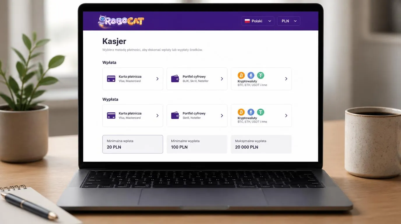 Panel kasy z saldem w PLN, wyborem płatności oraz progami depozytu i wypłaty