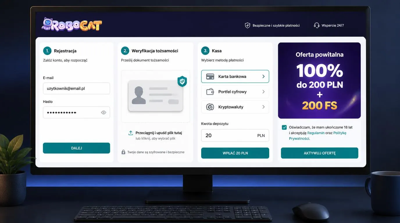 Ekran rejestracji, weryfikacji tożsamości i kasy z wyborem płatności oraz warunkami bonusu