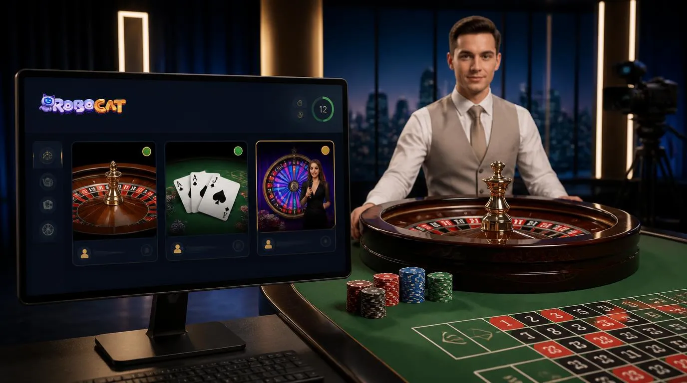 Krupier przy stole ruletki oraz ekran lobby z blackjackiem i teleturniejem na żywo